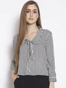 Oxolloxo Women White Horizontal Stripes Striped Casual Shirt