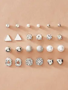OOMPH Set Of 12 Silver Contemporary Studs Earrings