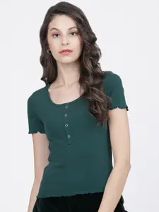Tokyo Talkies Women Green Henley Neck T-shirt