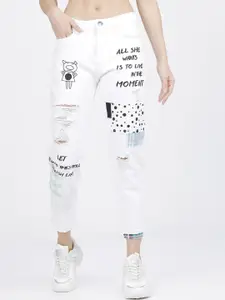 Tokyo Talkies Women White Boyfriend Fit Highly Distressed Printed Jeans