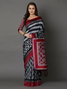 Mitera Black & Red Striped Silk Cotton Banarasi Saree