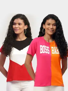 The Dry State Women Pack Of 2 Pink & Orange Colourblocked T-shirt