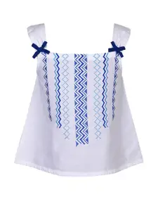 Miyo White & Blue Geometric Embroidered Regular Cotton Top