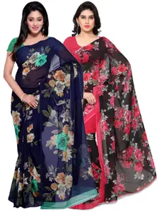ANAND SAREES Pack Of 2 Navy Blue & Pink Floral Sarees