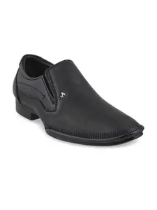Metro Men Black Solid Leather Formal Slip-Ons