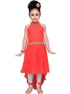 ADIVA Girls Orange Embellished Knee Length Party Dress