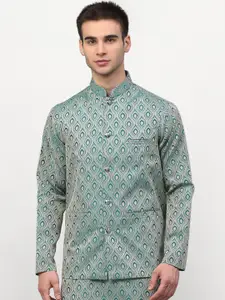 Jompers Men Green & Silver-Coloured Woven-Design Nehru Jacket