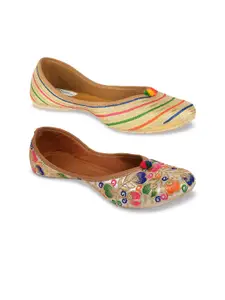 DESI COLOUR Women Pack Of 2 Beige Leather Ethnic Mojaris Flats