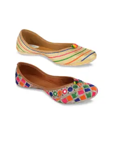 DESI COLOUR Women Pack Of 2 Beige Embellished Mojaris Flats