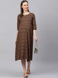 MomToBe Women Brown Floral Printed Maternity Nursing A-Line Sustainable Dress