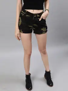 STREET 9 Women Black Camouflage Printed Loose Fit Mid-Rise Regular Shorts