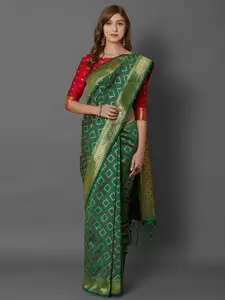 Mitera Green & Red Woven Design Zari Silk Blend Saree