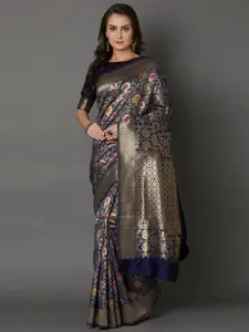 Mitera Navy Blue Floral Zari Silk Blend Banarasi Saree