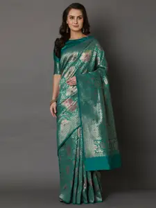 Mitera Teal & Pink Floral Silk Blend Saree