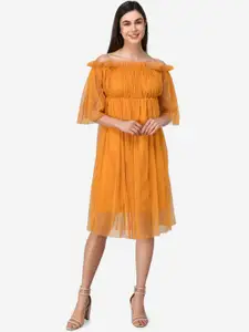 Darzi Mustard womens  Off-Shoulder Net Dress