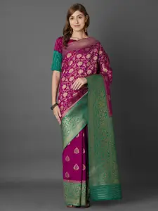 Mitera Magenta & Green Ethnic Motifs Zari Silk Blend Saree