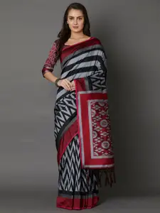 Mitera Black & Maroon Striped Silk Cotton Saree