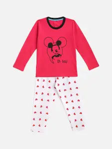 KIDSCRAFT Girls Magenta & White Mickey Mouse Printed Night suit