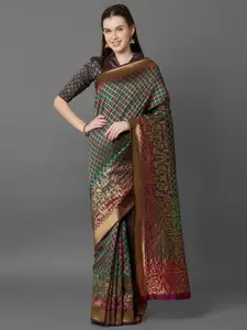 Mitera Green & Burgundy Ethnic Motifs Zari Silk Blend Banarasi Saree