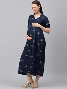 MomToBe Women Navy Blue Printed A-Line Midi Maternity Nursing Sustainable Dress