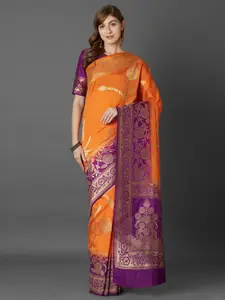 Mitera Orange & Purple Ethnic Motifs Zari Silk Blend Banarasi Saree
