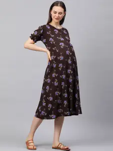 MomToBe Brown Printed A-Line Midi Maternity Nursing Sustainable Dress