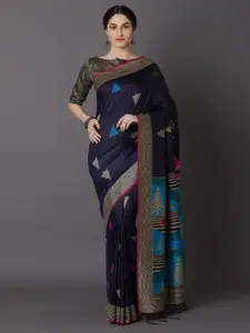 Mitera Navy Blue & Gold-Toned Woven Design Zari Silk Cotton Saree