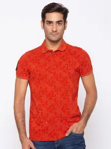 SPYKAR Men Orange Floral   Polo Collar Tropical Slim Fit T-shirt