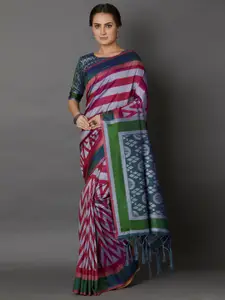 Mitera Purple & Green Ethnic Motifs Silk Blend Saree