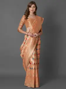 Mitera Orange & Red Woven Design Zari Silk Cotton Saree