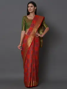 Mitera Red & Green Floral Zari Silk Blend Banarasi Saree