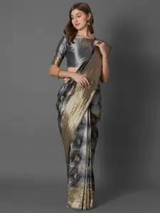Mitera Grey & Gold-Toned Ethnic Motifs Zari Silk Blend Banarasi Saree