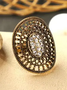 ANIKAS CREATION Gold-Plated & White Stones Studded Handcrafted Adjustable Finger Ring