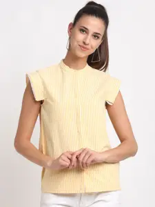 Bhaane Yellow Striped Mandarin Collar Shirt Style Top