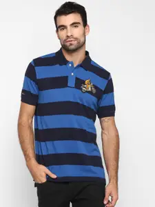 Royal Enfield Men Navy Blue & Black Striped Pure Cotton Polo Collar Applique T-shirt