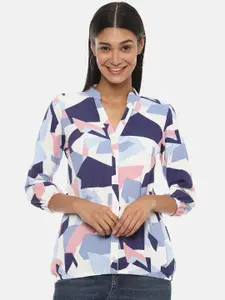 Campus Sutra White & Blue Geometric Puff Sleeve Shirt Style Top
