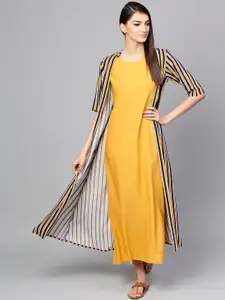 Libas Yellow & Black Layered Maxi Dress With Ethnic Long Shrug