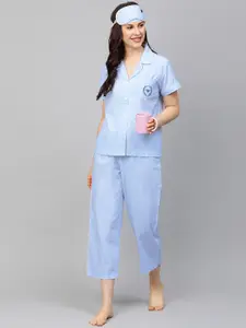 Chemistry Women Blue Cotton Chambray Night Suit with Eye Mask