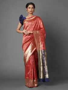 Mitera Red & Navy Blue Ethnic Motifs Zari Silk Blend Banarasi Saree