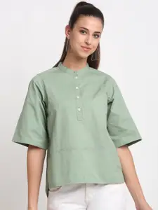 Bhaane Green Mandarin Collar Cotton Boxy Top