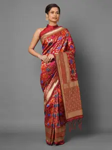 Mitera Red Floral Silk Blend Banarasi Saree