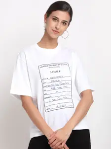 Bhaane Women White  Black Typography Printed Drop-Shoulder Sleeves Loose Cotton Pure Cotton T-shirt