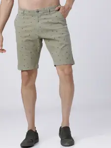 HIGHLANDER Men Olive Conversational Printed Slim Fit Mid-Rise Chino Shorts