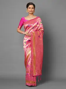 Mitera Pink Ethnic Motifs Zari Silk Blend Banarasi Saree