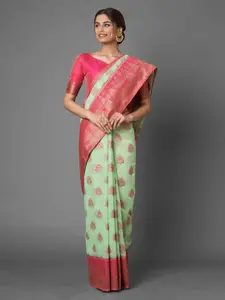 Mitera Sea Green Floral Zari Silk Blend Banarasi Saree