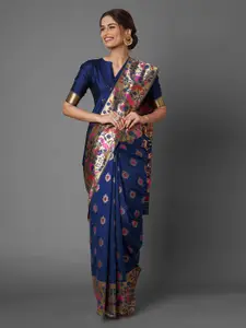 Mitera Navy Blue Floral Zari Silk Blend Banarasi Saree