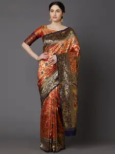 Saree mall Rust & Navy Blue Floral Zari Silk Blend Banarasi Saree