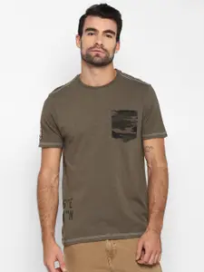 Royal Enfield Men Olive Green Camouflage Pure Cotton T-shirt
