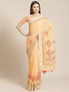 Saree mall Peach & Red Linen Blend Sarees