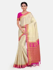MIMOSA Off White & Pink Woven Design Zari Art Silk Kanjeevaram Saree